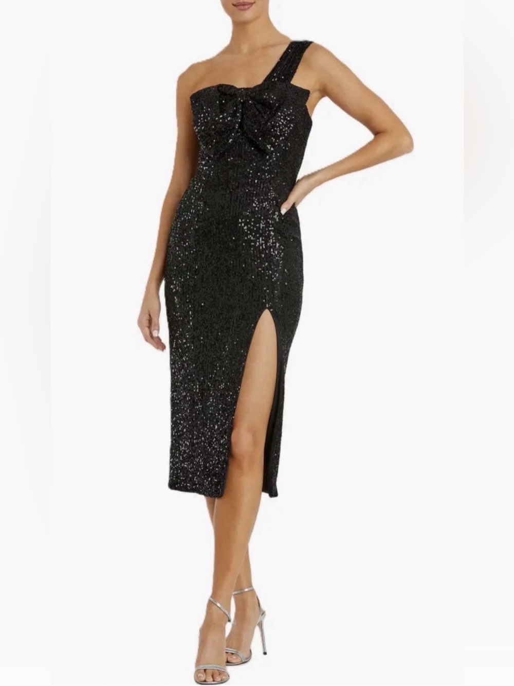 Mac Duggal Sequin One-Shoulder Midi Dress with Bow Detail - Black BNWT